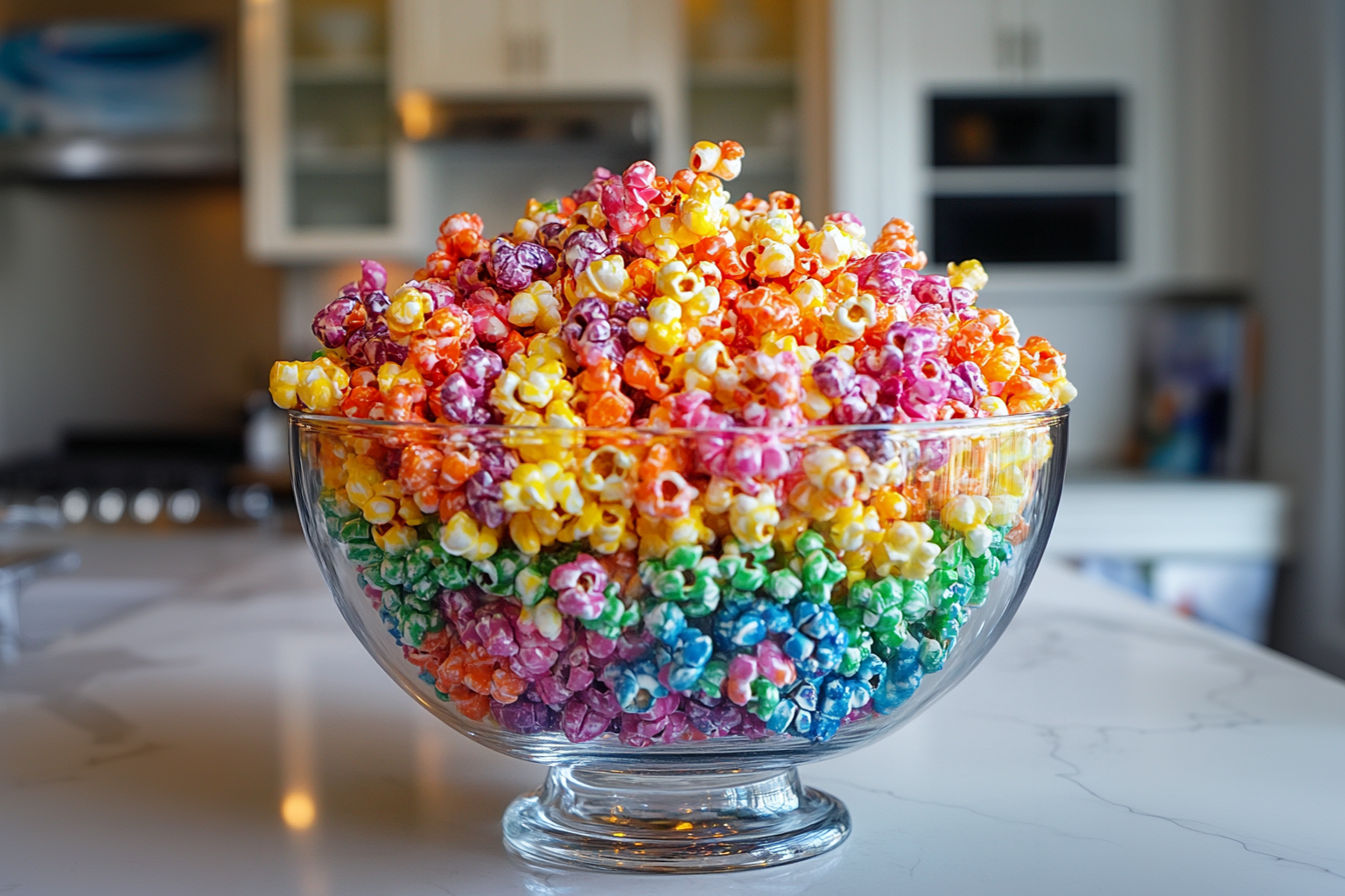 A bowl of colorful rainbow popcorn, with vibrant shades of red, blue, green, and yellow.