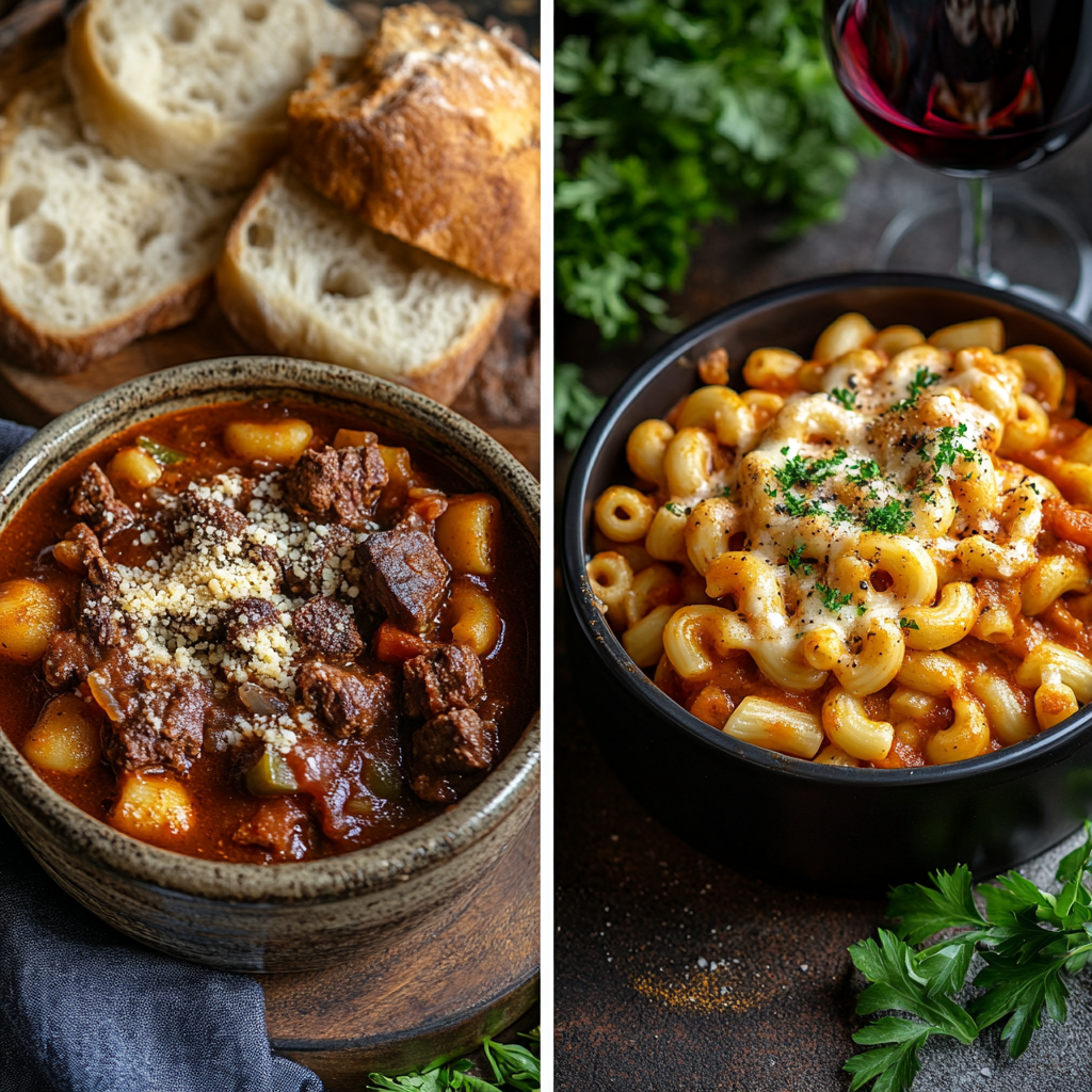 A bowl of goulash alongside a plate of Beefaroni