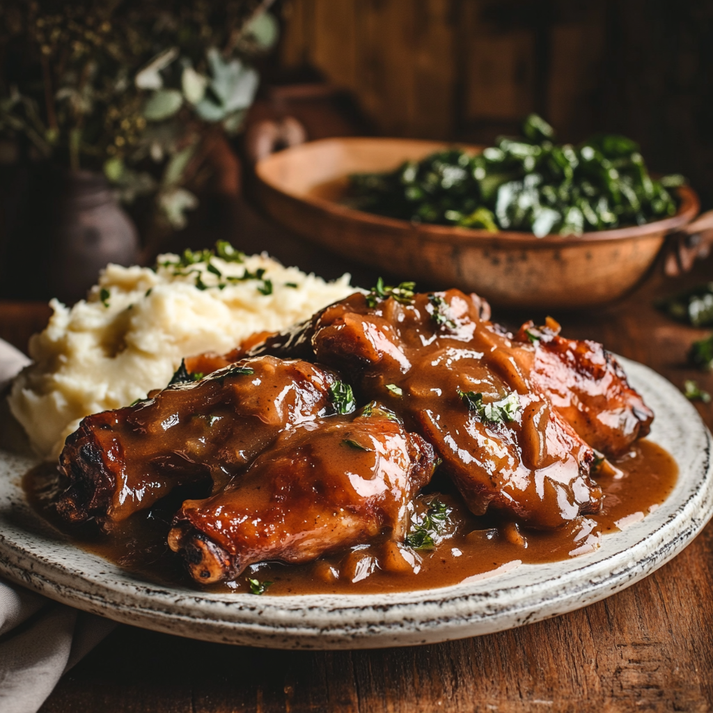 Smothered turkey wings in a savory gravy served with mashed potatoes and collard greens.