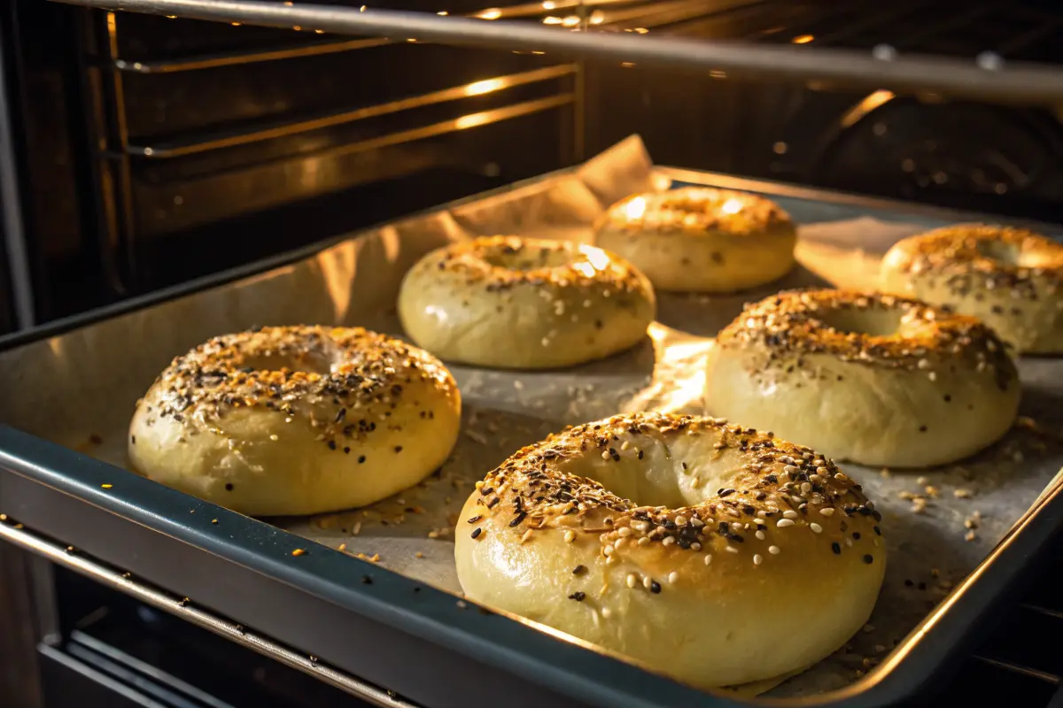 Boiled egg bagels baking in the oven