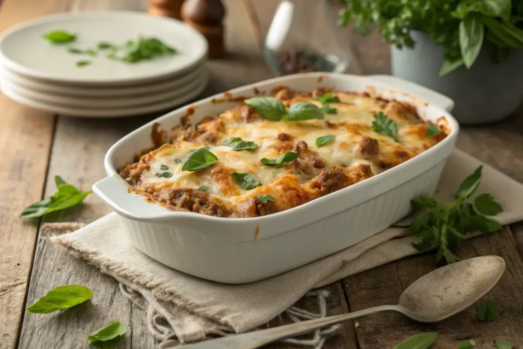 Ground turkey casserole freshly baked in a white dish, garnished with herbs.