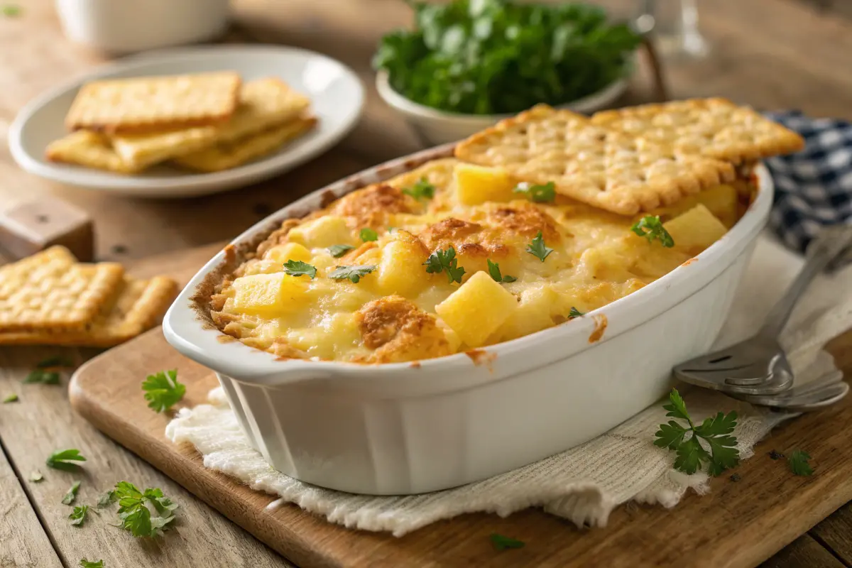 Baked pineapple casserole with golden cracker topping