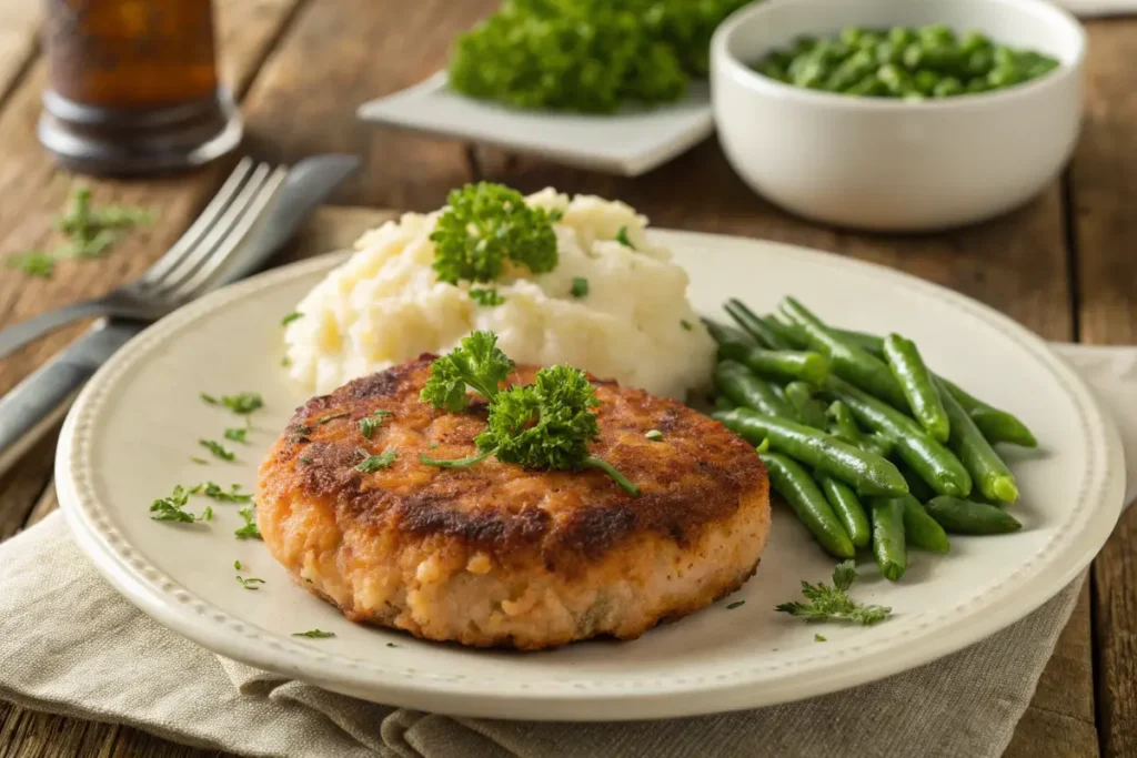 Golden brown salmon patty with mashed potatoes and green beans