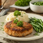 Golden brown salmon patty with mashed potatoes and green beans