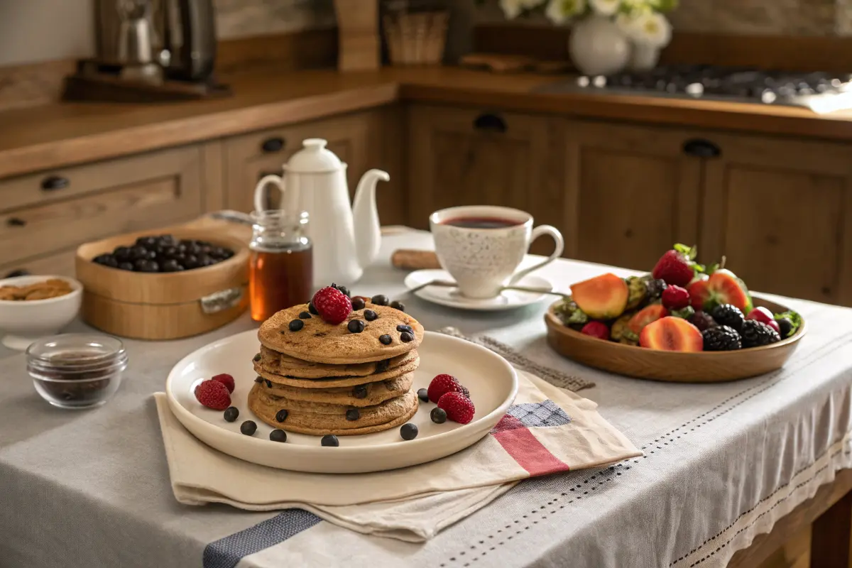 Chocolate chip pancakes served with fruit and coffee.