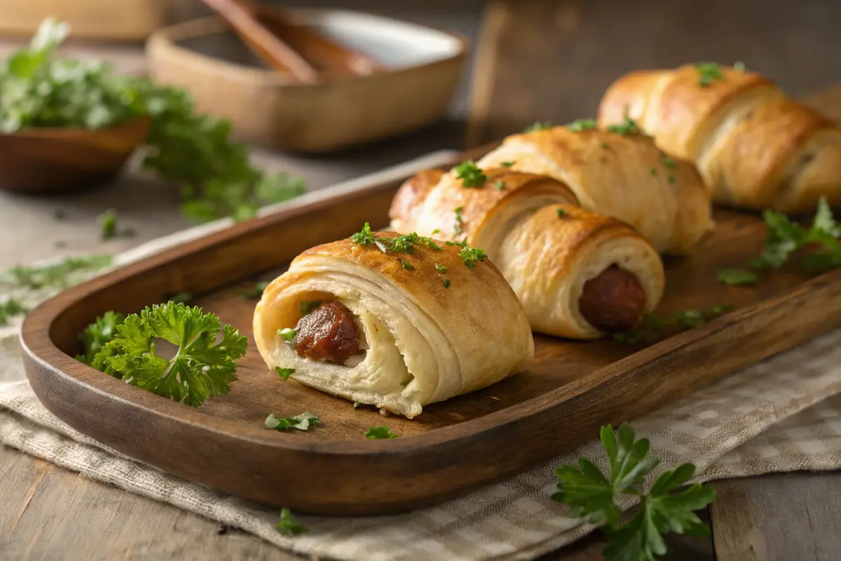 Golden flaky sausage cream cheese crescent rolls on a wooden tray.