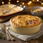 Freshly baked ham pot pie with a golden crust on a rustic dinner table.