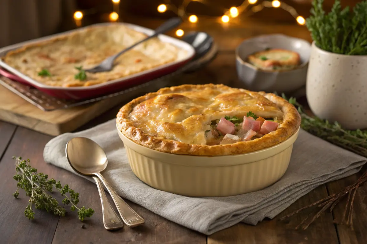 Freshly baked ham pot pie with a golden crust on a rustic dinner table.