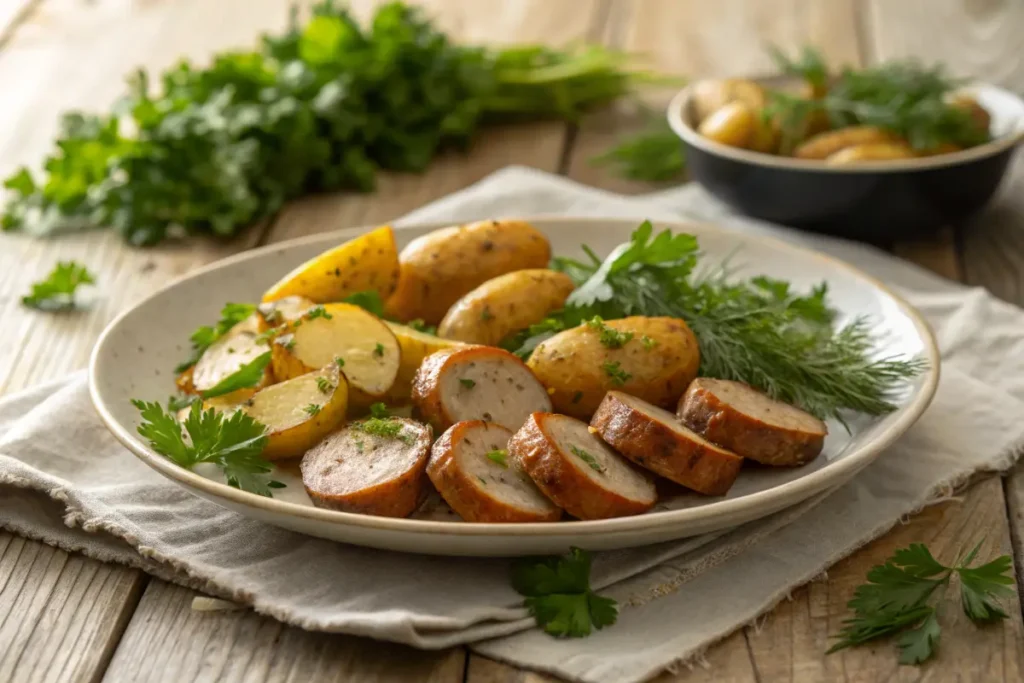 Golden potato sausage slices with herbs and potatoes