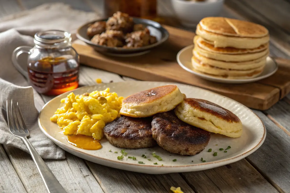 Plate of venison breakfast sausage patties with eggs and pancakes.