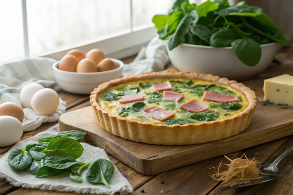 Spinach and ham quiche with a golden crust on a wooden table.