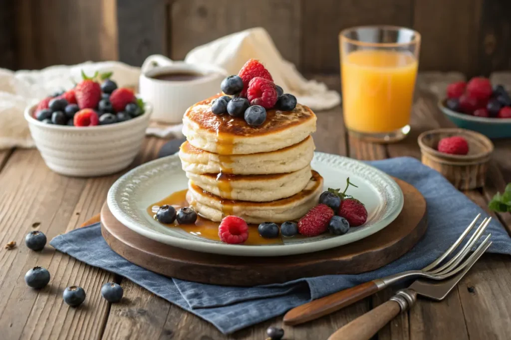 A stack of fluffy yogurt pancakes with berries and syrup on a rustic table.