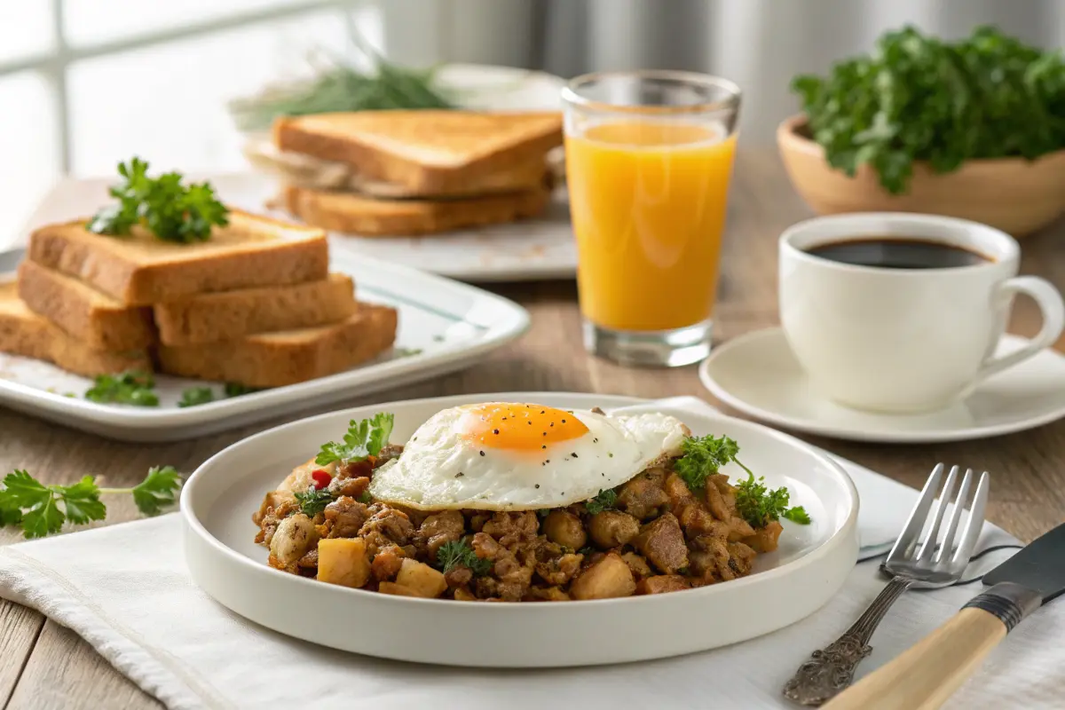 Turkey hash served with toast and a fried egg on top.