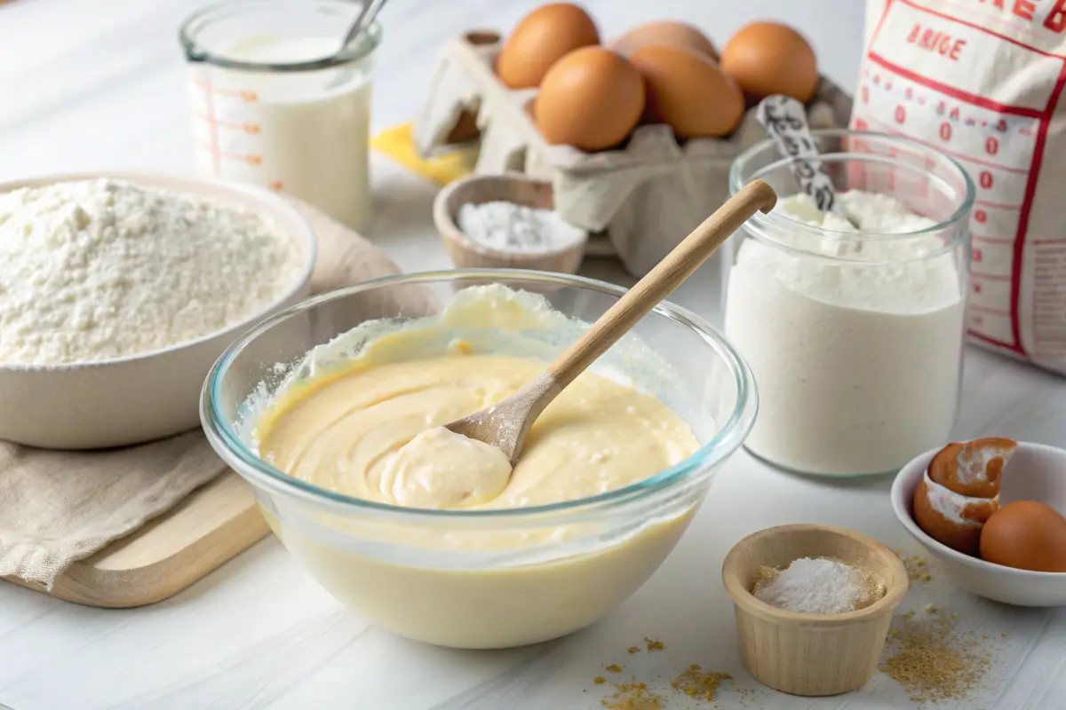 Mixing yogurt pancake batter in a bowl with a wooden spoon.