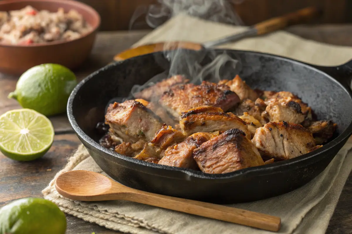 Crispy carnitas cooking in a skillet