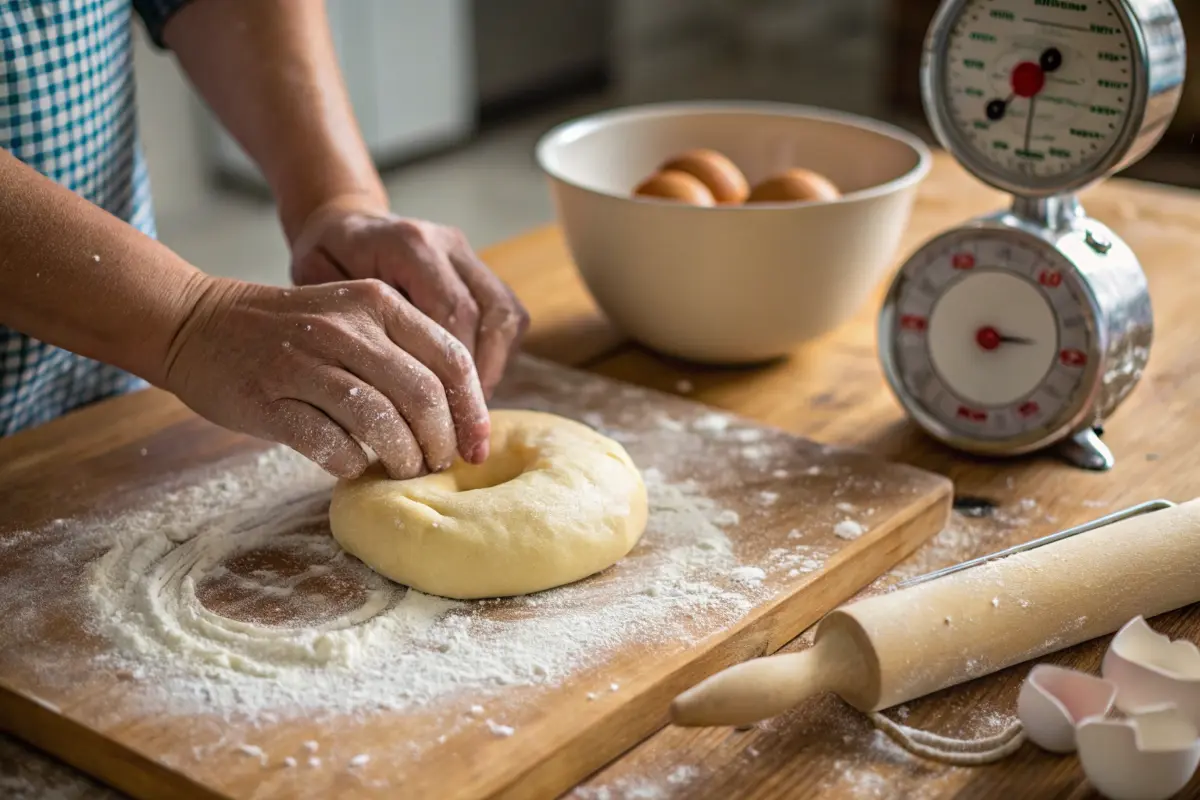 Hands shaping egg bagel dough