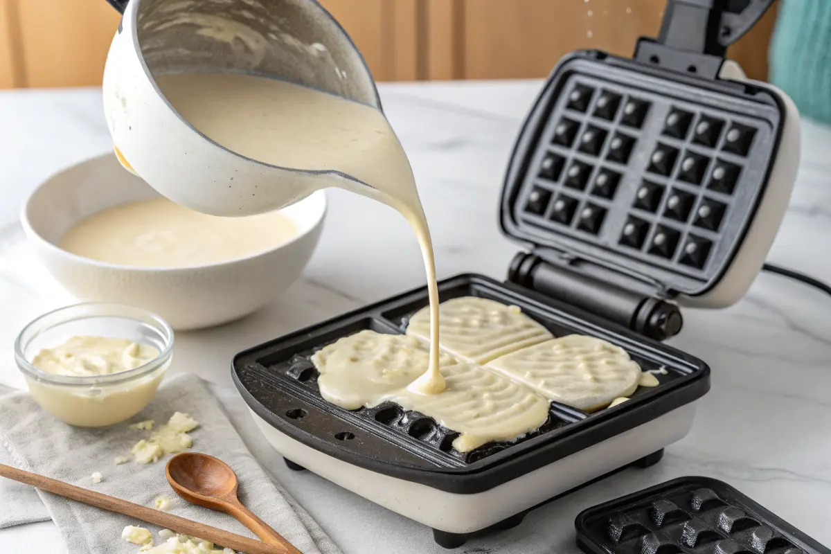 Mochi waffle batter being poured into a waffle iron.