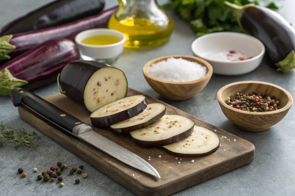 Sliced eggplants being salted and prepped on a cutting board.