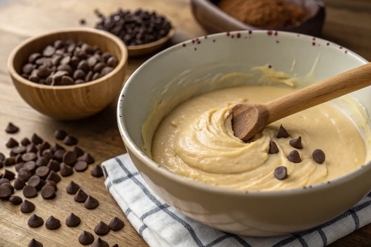 Pancake batter being mixed with chocolate chips nearby.