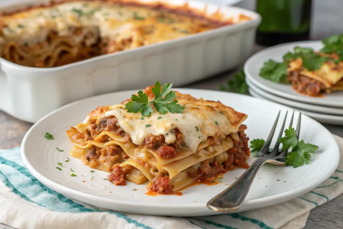 A serving of ground turkey casserole with visible layers of pasta, turkey, and cheese.