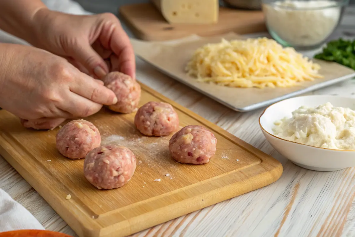 Rolling sausage ball dough with cream cheese on a cutting board