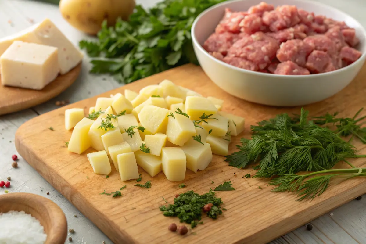 Ingredients for potato sausage recipe on a cutting board