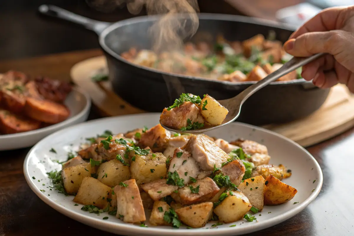 Close-up of turkey hash being served onto a plate.