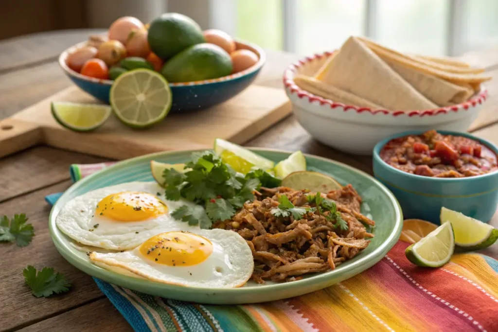 Breakfast plate with carnitas, sunny-side-up eggs, and garnishes