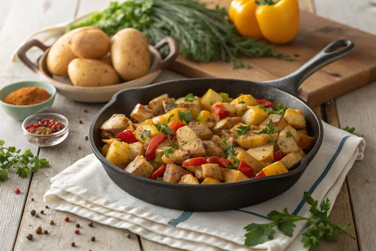 Golden turkey hash in a skillet surrounded by fresh ingredients.