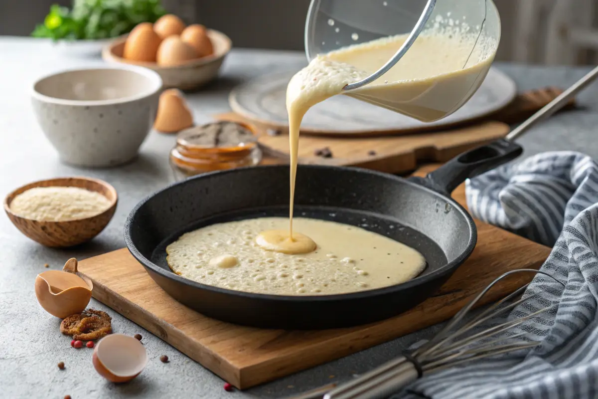 Pancake batter bubbling on a skillet.