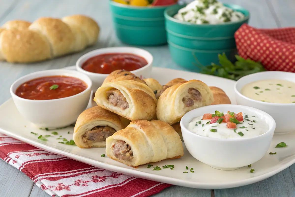 Platter of sausage cream cheese crescent rolls with dipping sauces.