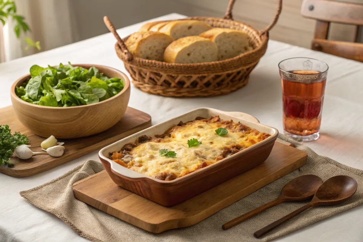 Dinner table with ground turkey casserole, salad, garlic bread, and iced tea.