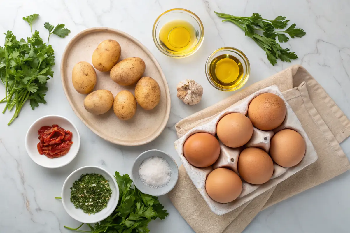 Ingredients for an eggs over potatoes recipe, including potatoes and eggs.