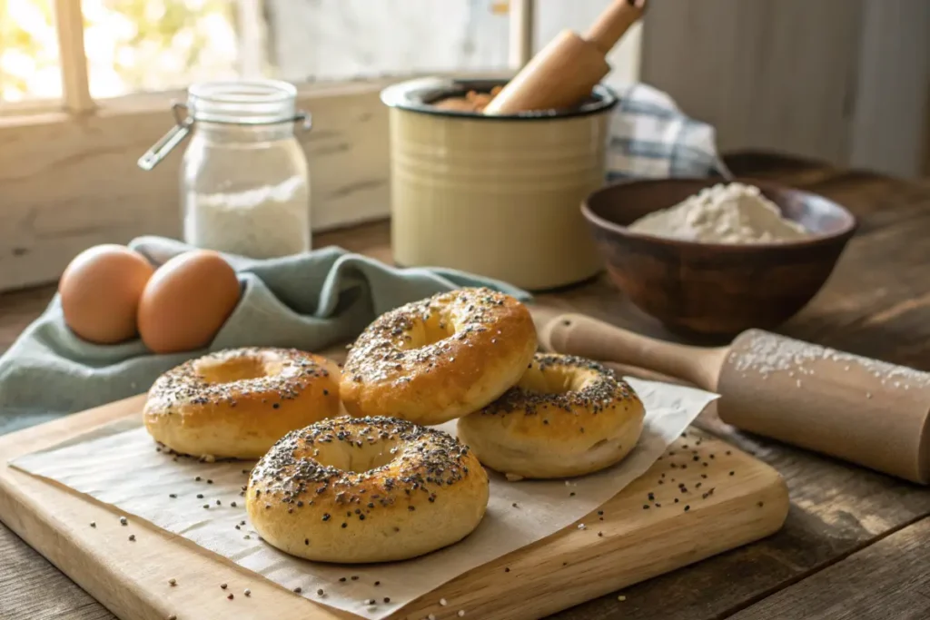 Freshly baked egg bagels on a rustic wooden table