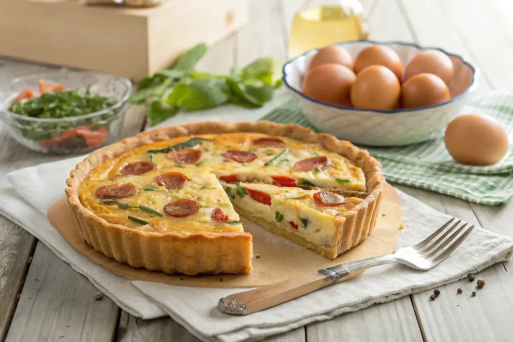 Golden-brown sausage quiche with flaky crust and savory layers.