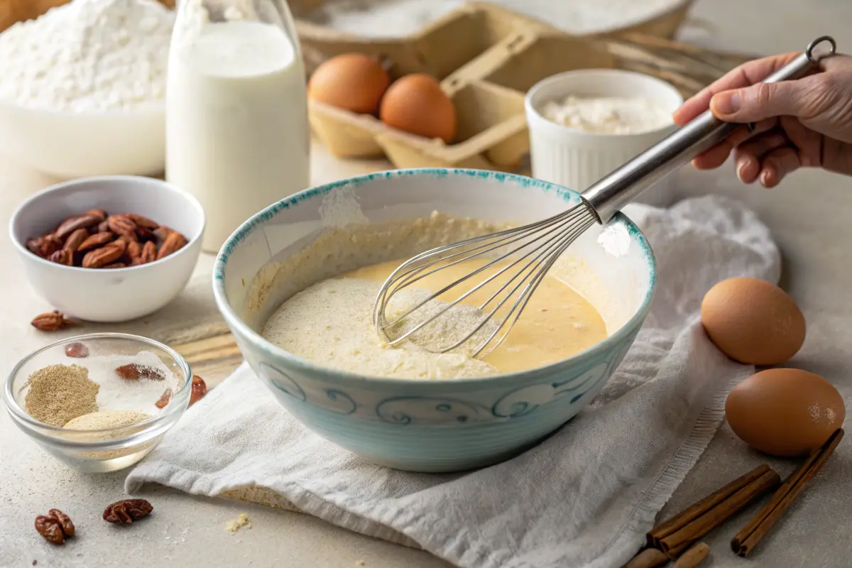 Mixing bowl with no-eggs pancake batter being whisked