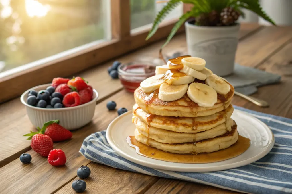 Golden fluffy pancakes topped with bananas and syrup.