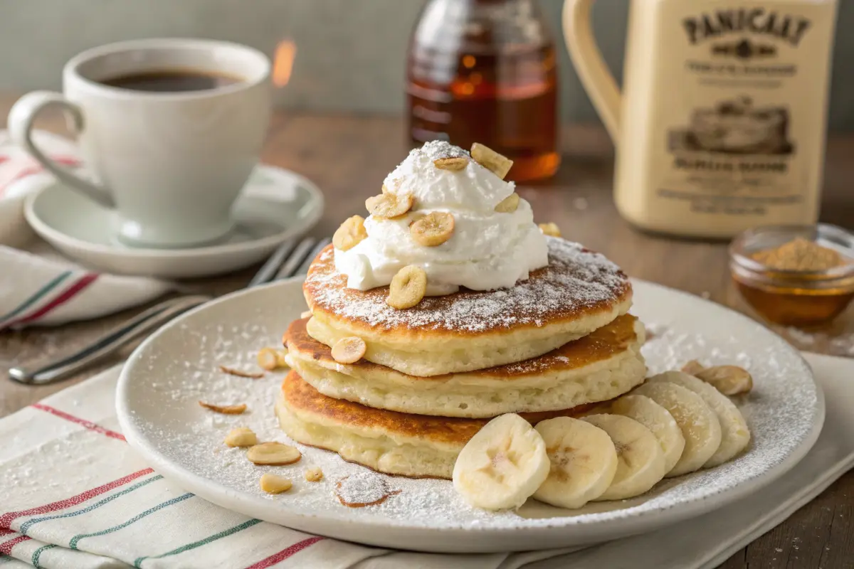 No-eggs pancakes with whipped cream, bananas, and powdered sugar