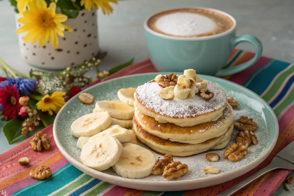 Yogurt pancakes served with bananas, walnuts, and powdered sugar.