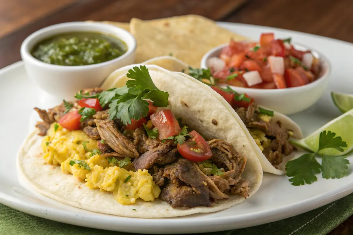 Carnitas with eggs plated with garnishes and tortillas