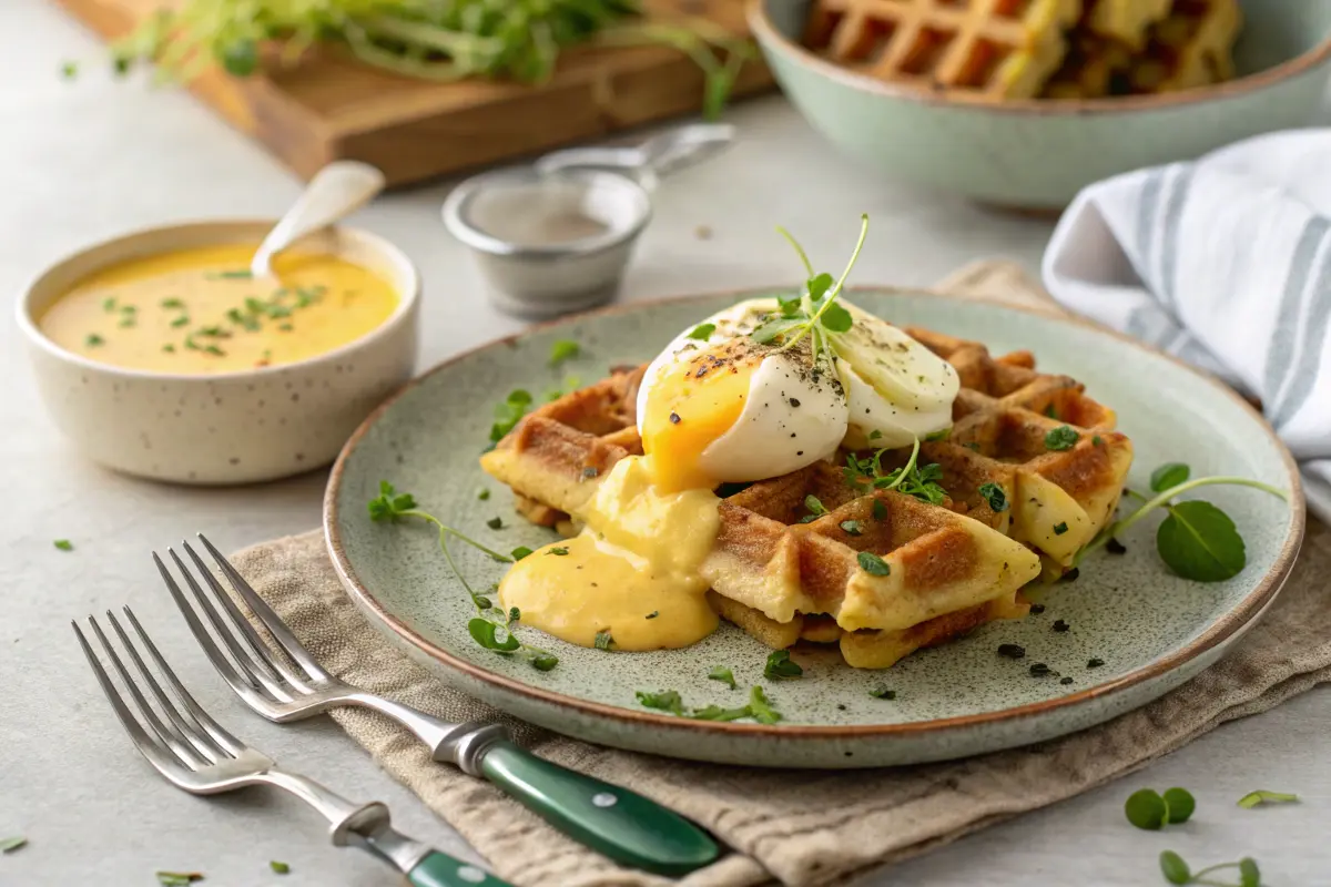 Savory mochi waffle with poached egg and hollandaise sauce.