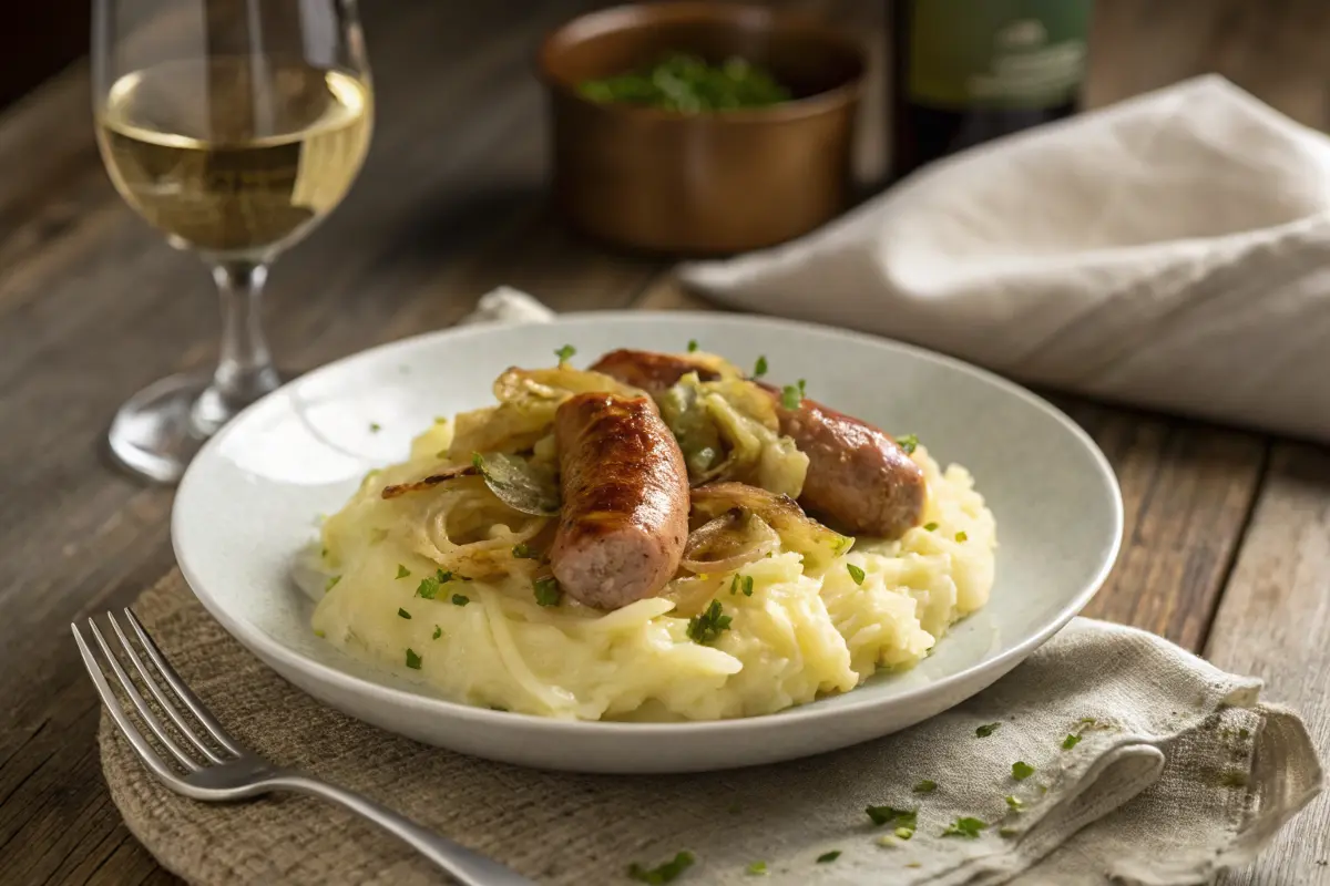 Fried cabbage and sausage served over mashed potatoes