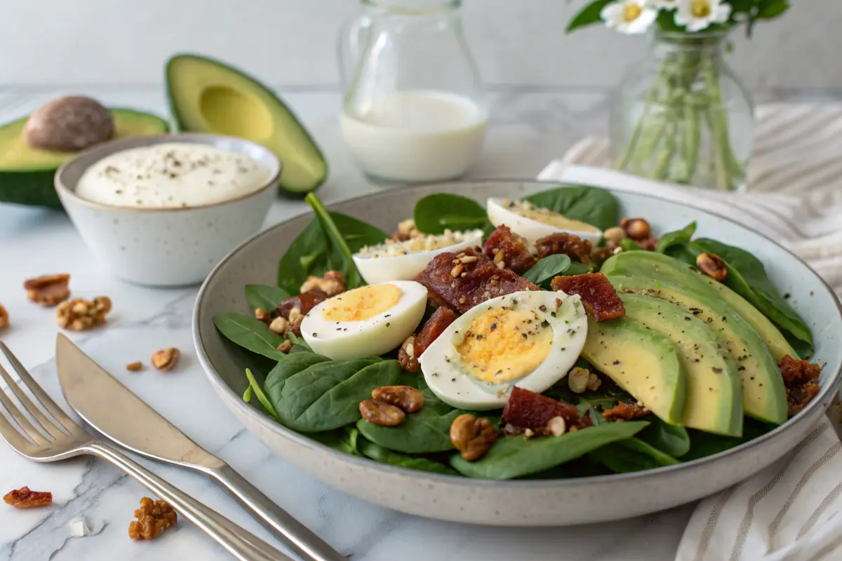 Spinach salad variation with boiled eggs, avocado, and bacon