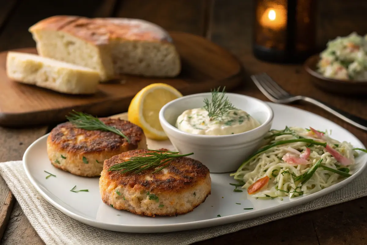 Salmon patties served with tartar sauce and sides