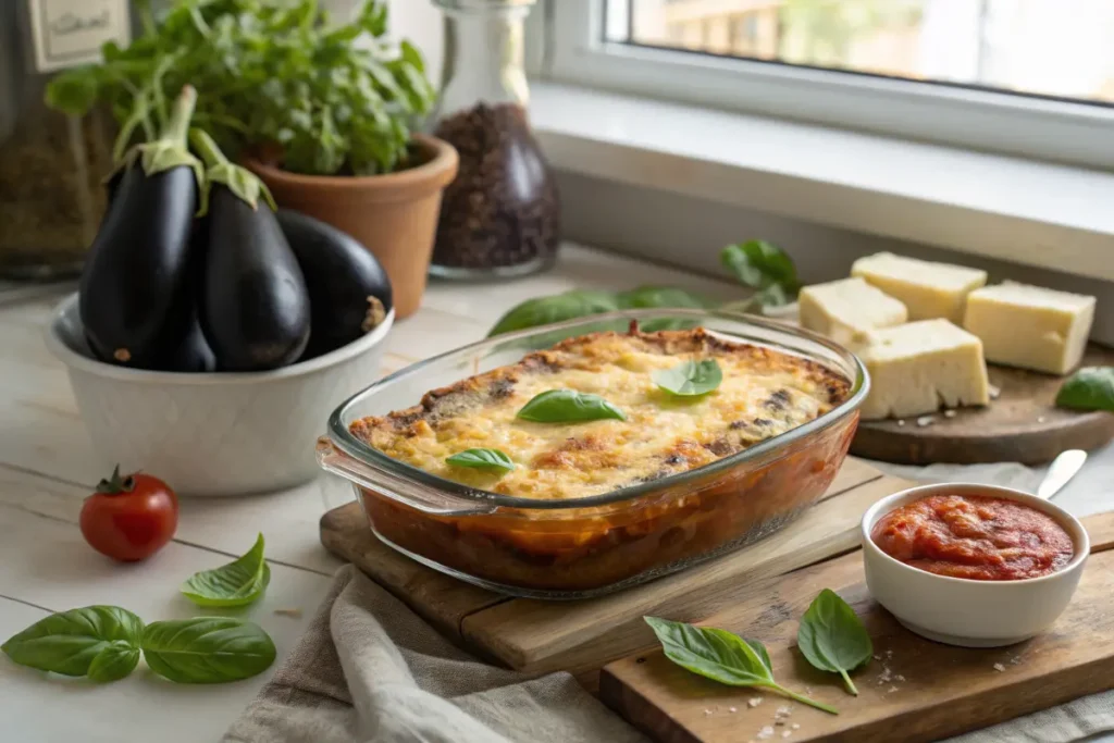 Freshly baked eggplant casserole in a rustic kitchen setting.