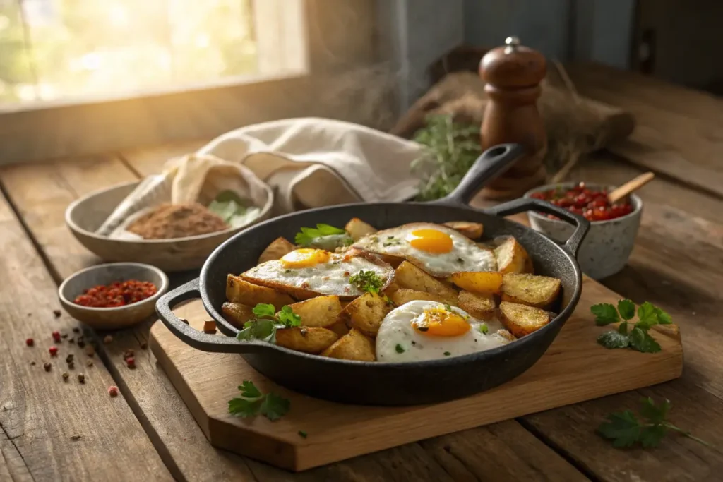 Crispy potatoes and sunny-side-up eggs in a cast-iron skillet.