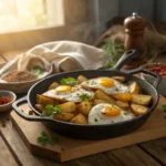 Crispy potatoes and sunny-side-up eggs in a cast-iron skillet.