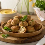 Golden sausage balls with cream cheese on a rustic platter