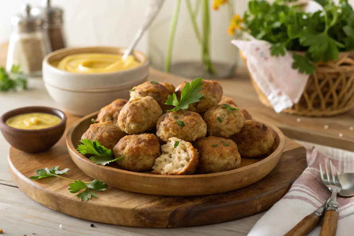 Golden sausage balls with cream cheese on a rustic platter