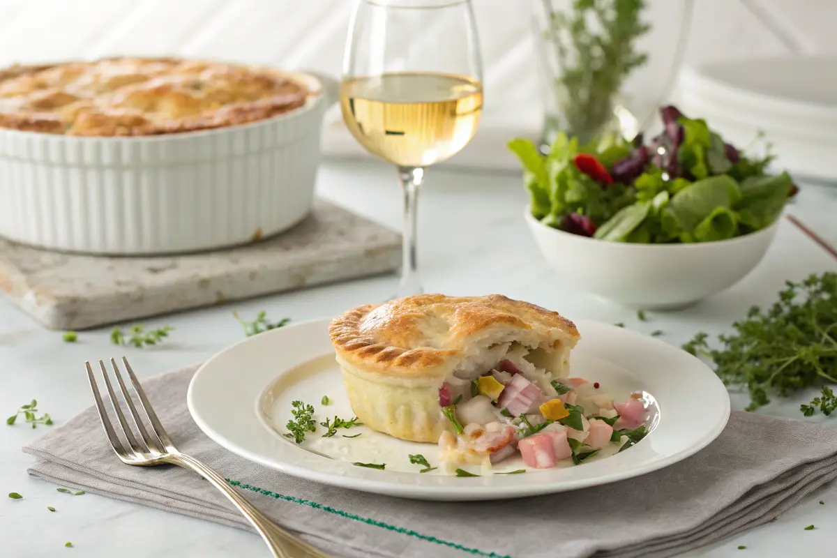 A slice of ham pot pie served with white wine and a fresh side salad.